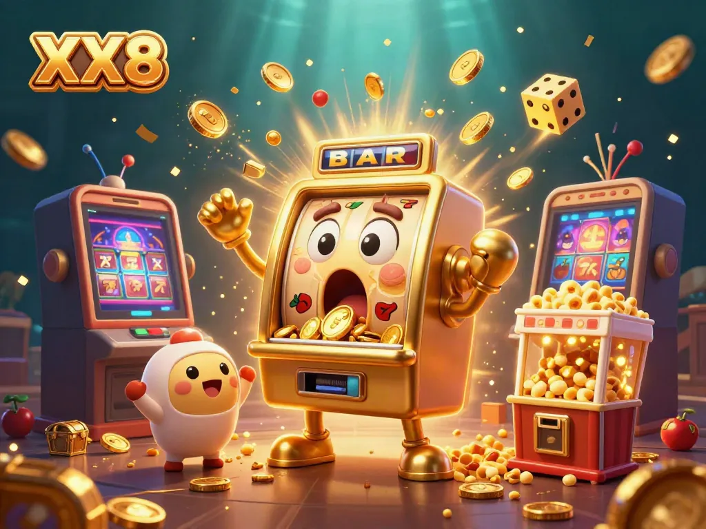 Experience the excitement of XX8 with a slot machine celebrating its jackpot, surrounded by cheering machines and golden treasures.