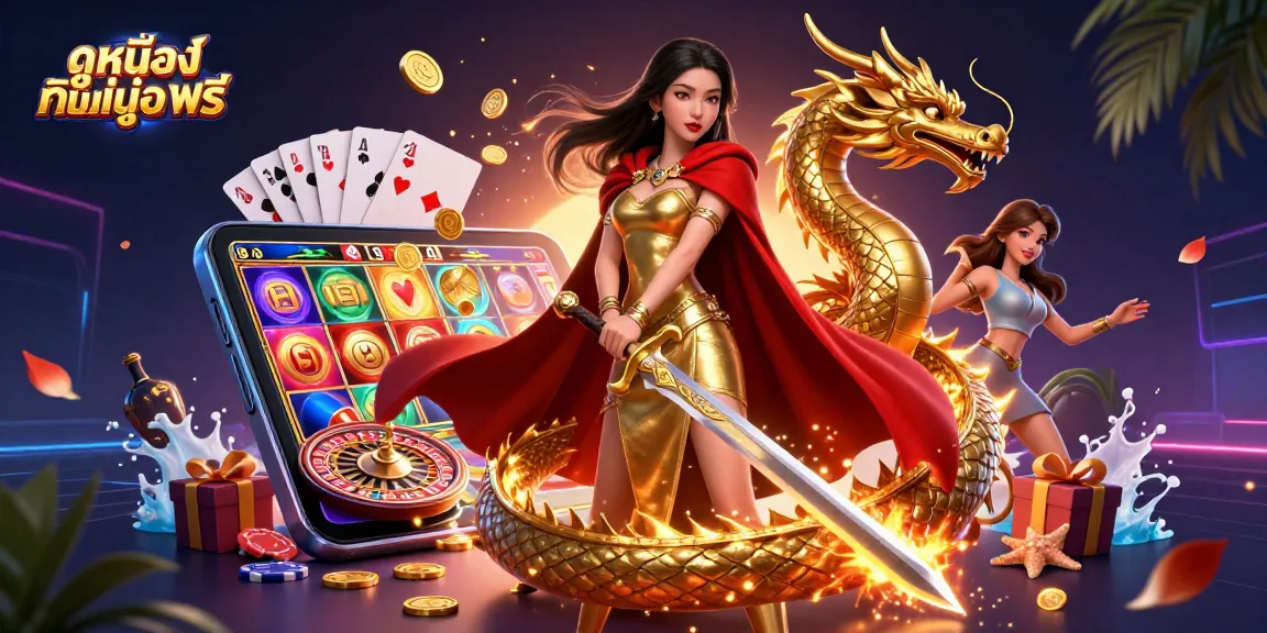 Engage with ดูหนังออนไลน์ฟรี while winning gold coins and jackpot symbols in a vibrant casino scene.