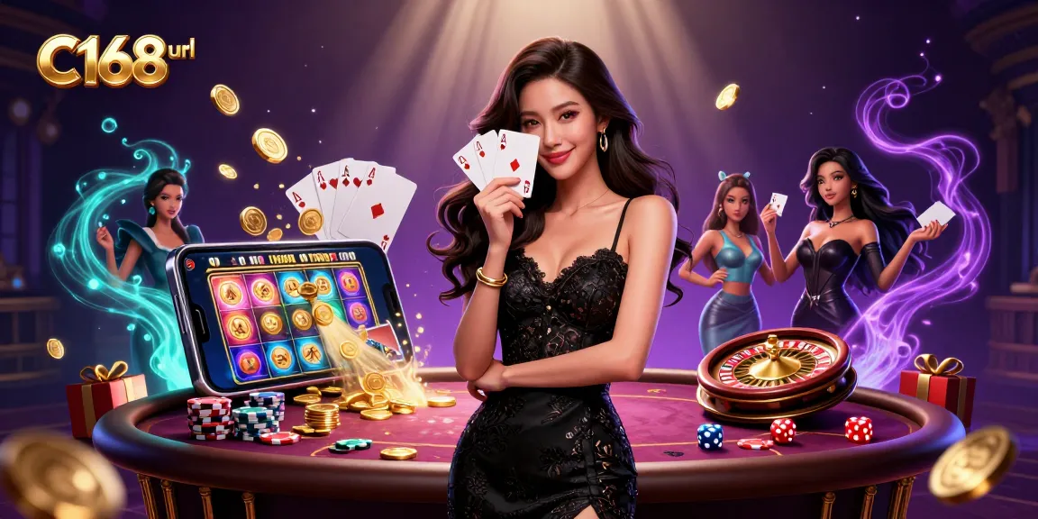 Play exciting games at C168 url, featuring a stylish Asian woman with poker cards in a vibrant casino.