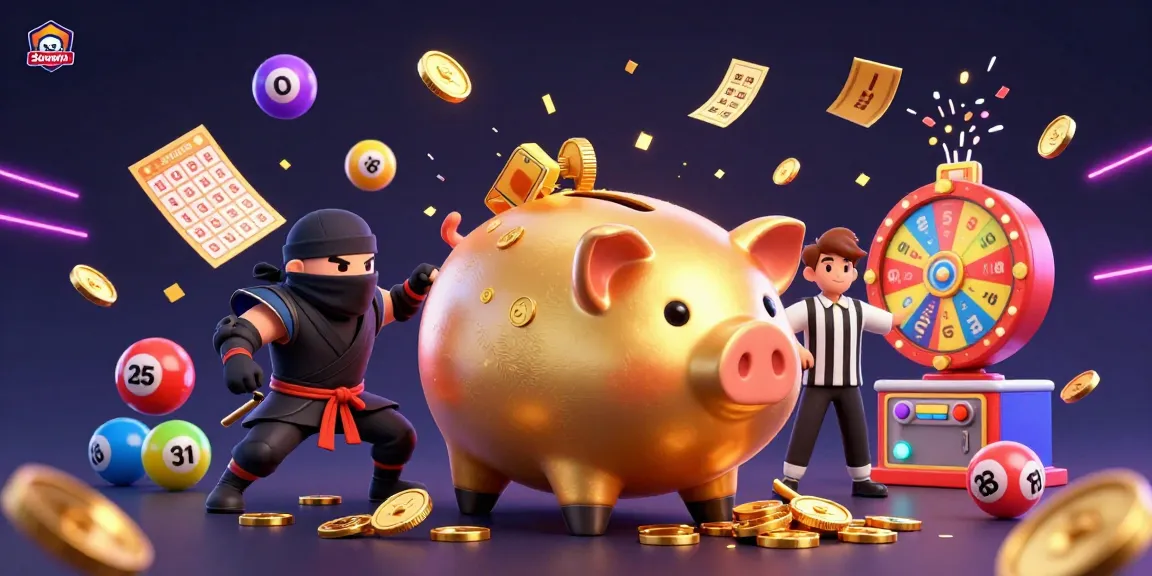 Sunwin's vibrant gaming atmosphere depicted with a golden piggy bank sumo wrestler amidst colorful lottery elements.