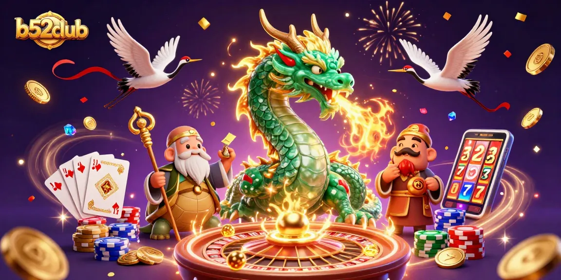 Experience thrilling gameplay at b52club with a mythical dragon, festive symbols, and vibrant casino elements.