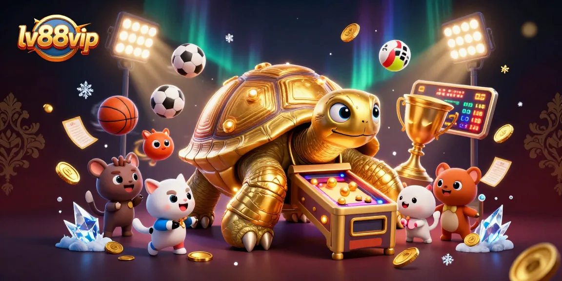 Experience exciting gameplay at lv88vip with a golden tortoise pinball machine surrounded by animated sports elements.