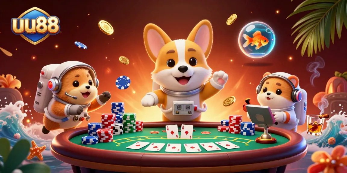 Engage with uu88 in a vibrant space casino setting featuring an astronaut corgi and dynamic gaming elements.