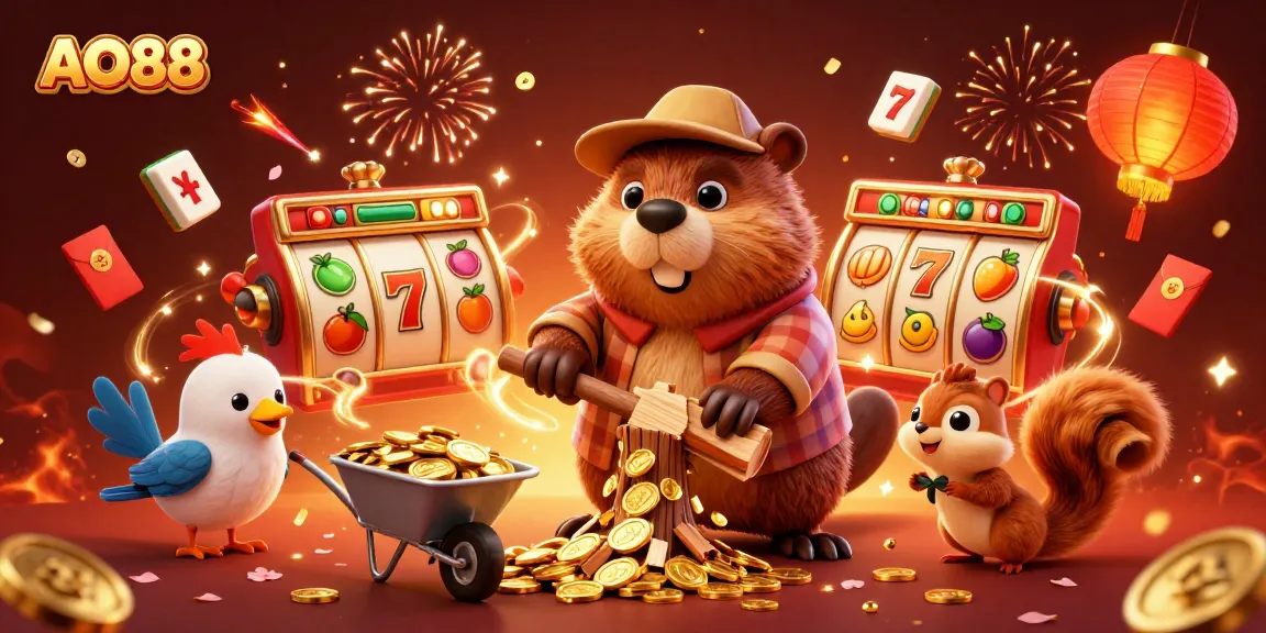 Experience winning moments at AO88 as a beaver collects coins from a jackpot tree.