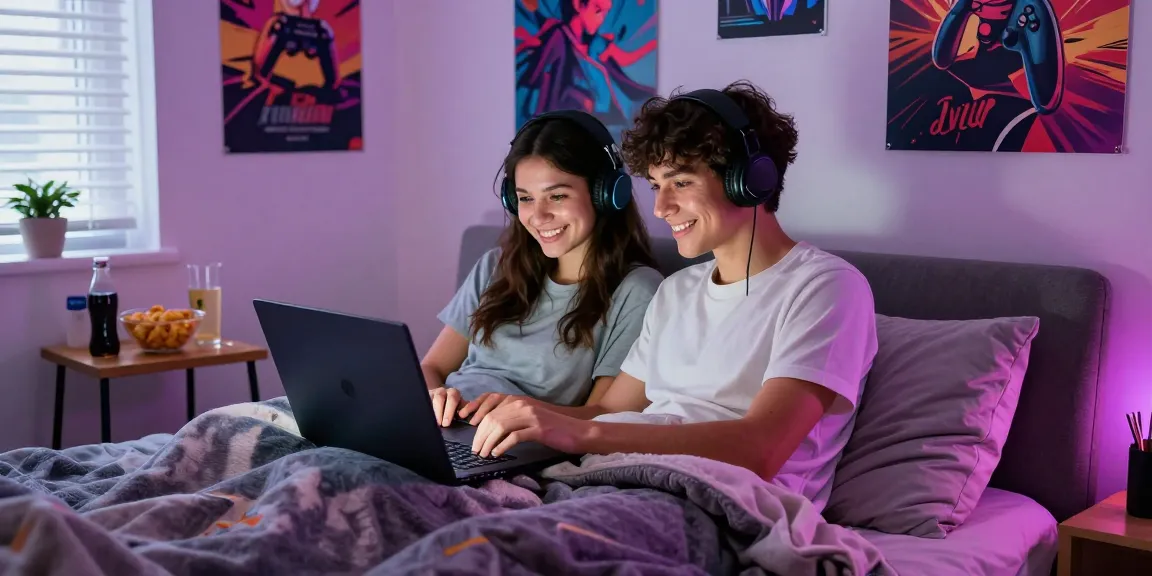 Couple enjoying online ecchi games on a laptop in cozy bedroom setting.