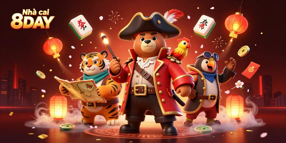 Experience the gaming adventure at Nhà cái 8DAY with interactive scenes of engaging characters and vibrant casino elements.