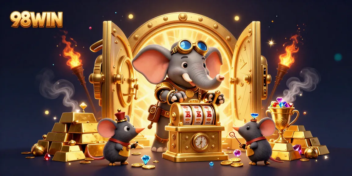98WIN's steampunk elephant engineer activates the thrilling golden slot machine in a vibrant casino setting.