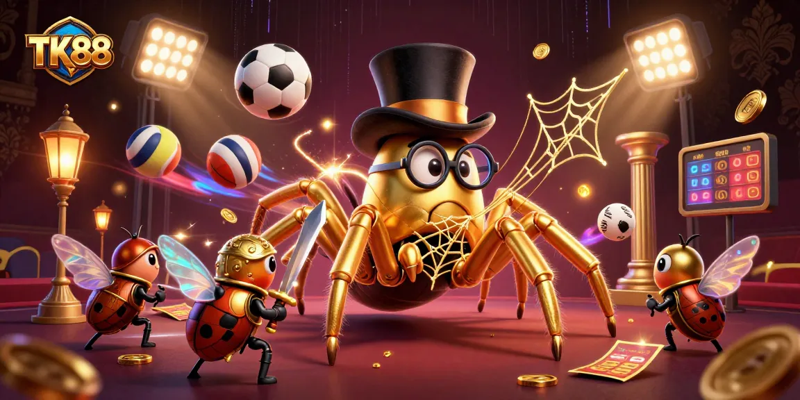 Witness thrilling adventures at TK88 as a brave knight faces a golden tarantula amidst dynamic casino elements.