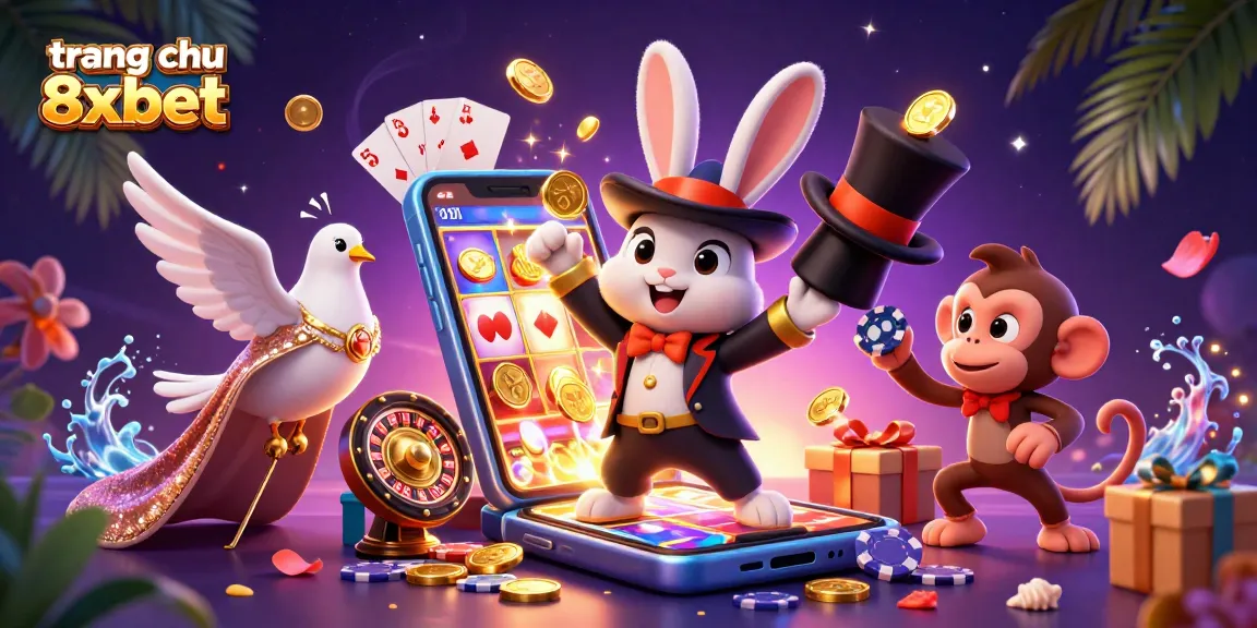 Experience exciting wins at trang chu 8xbet with the magic of slots and casino games illustrated by vibrant characters.
