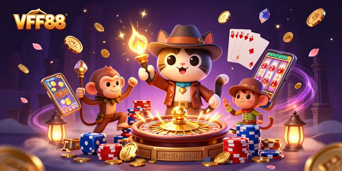 Experience the thrill of VFF88 with an explorer cat and monkey discovering golden casino artifacts.