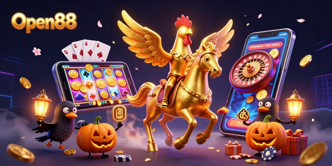 Open88 players winning at slot games with dynamic elements in a vibrant casino scene.