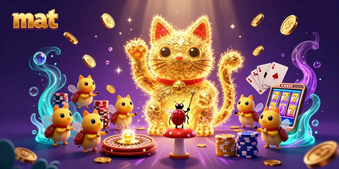 Engage in thrilling gaming at mat, featuring a lucky cat with casino symbols in a vibrant scene.