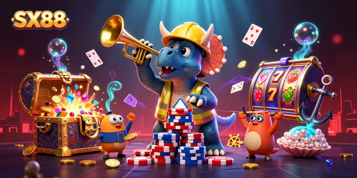 SX88 enhances the gaming experience with a lively triceratops joyfully celebrating a poker chip pyramid.