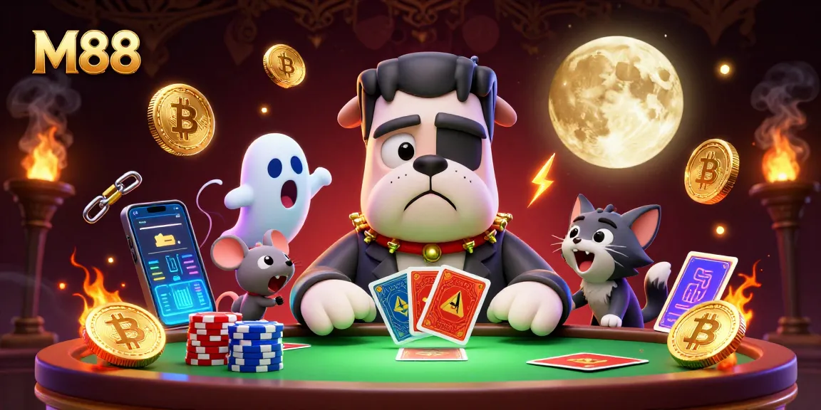Engage with M88 gaming adventures as a Frankenstein bulldog deals cards at a haunted casino table.