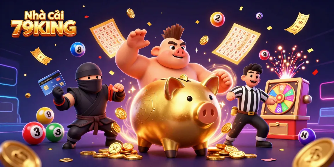 Engage with Nhà cái 79KING through an exciting 3D casino illustration showcasing dynamic game elements.