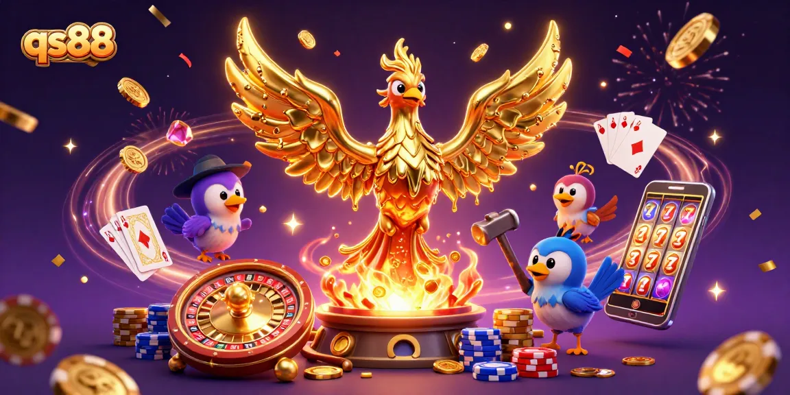 Experience thrilling gameplay at qs88 with a majestic golden phoenix and magical casino elements.