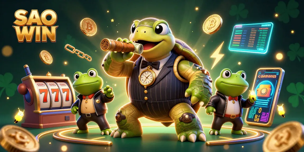 Engage in SAO WIN with vibrant 3D casino action featuring a snapping turtle and bullfrog enforcers.