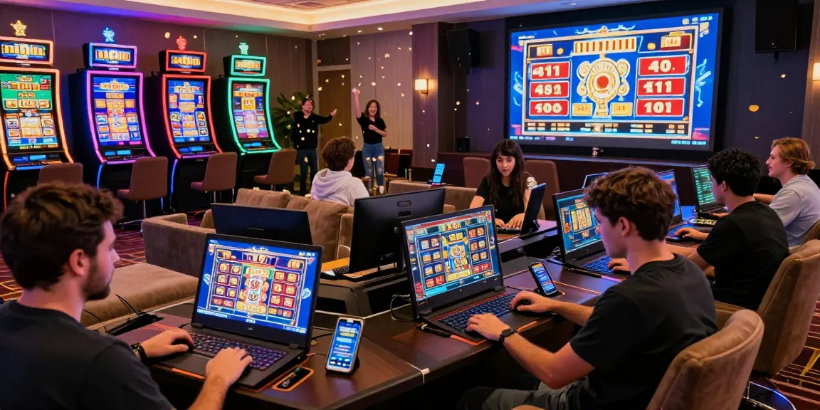 Exciting atmosphere of players enjoying situs slot deposit 10 ribu online games in a vibrant casino lounge.