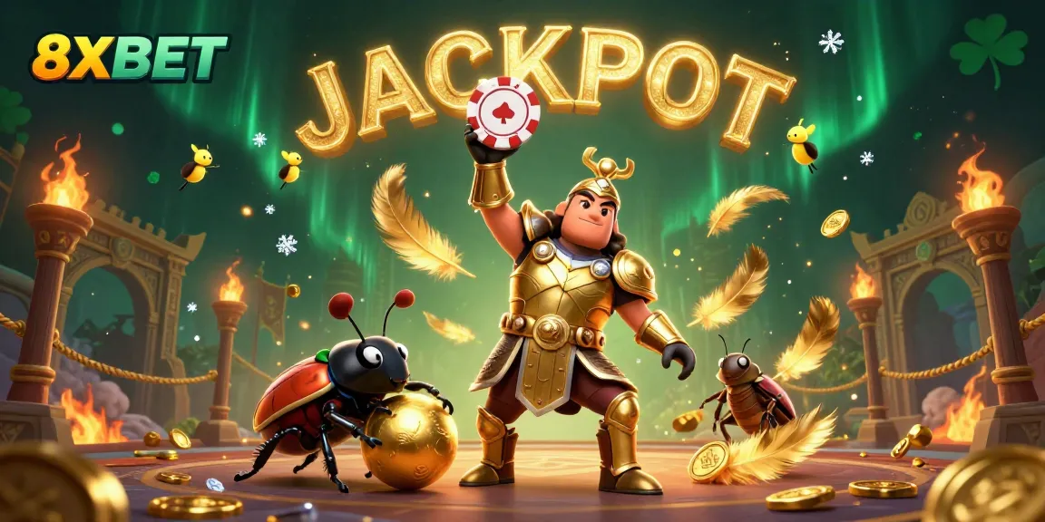 Experience big wins with 8XBET in a vibrant casino scene featuring heroic characters and golden tokens.