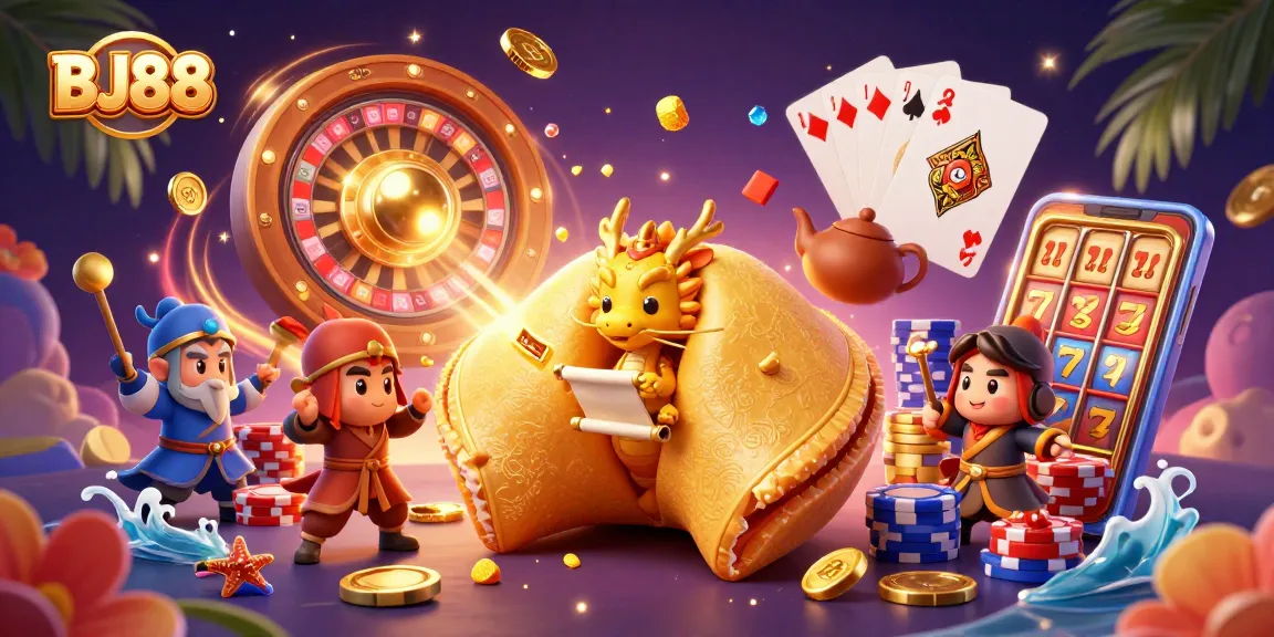 Experience the thrill of BJ88 with a vibrant casino illustration showcasing fortune cookies and riches.
