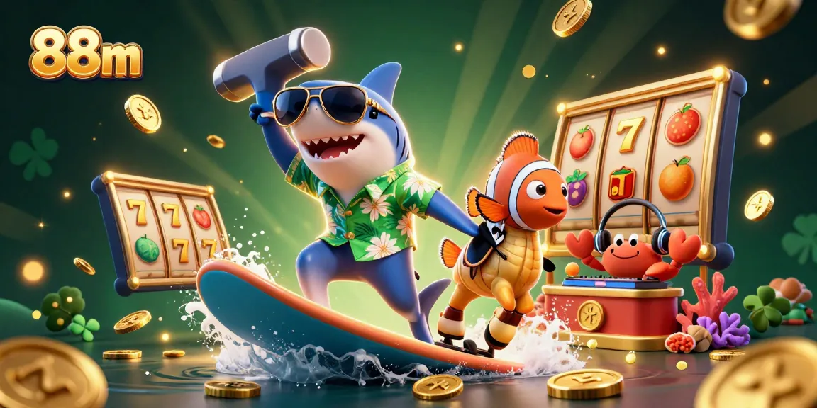 Engage in thrilling 88m casino action with a vibrant shark and gold coins spinning slots.
