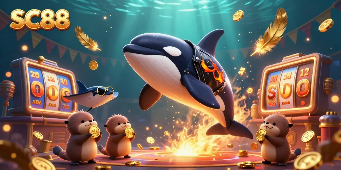SC88 brings excitement as a 3D cartoon whale jumps in a vibrant casino scene filled with gold coins.