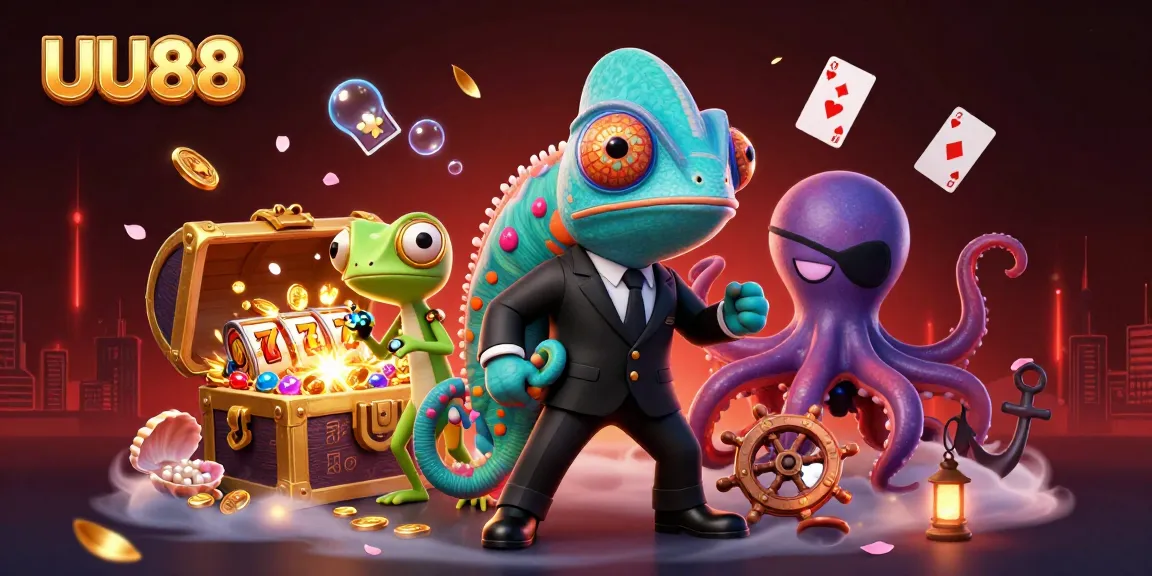 Engage with slots at UU88, featuring a vivid scene of a chameleon in action amidst thrilling game elements.