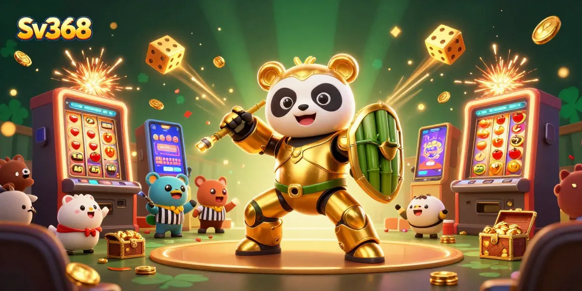 Experience the lively Sv368 casino scene with a golden panda mech-suit amidst colorful jackpots and game elements.