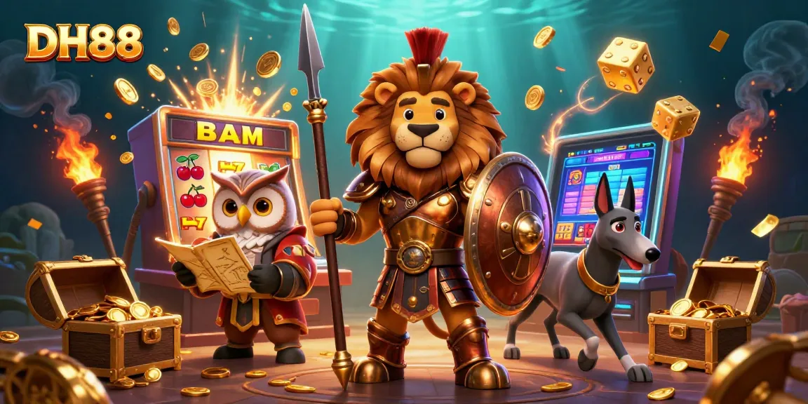 Win big with DH88 as a bronze-armored lion, owl, and greyhound celebrate a jackpot explosion in this vibrant casino scene