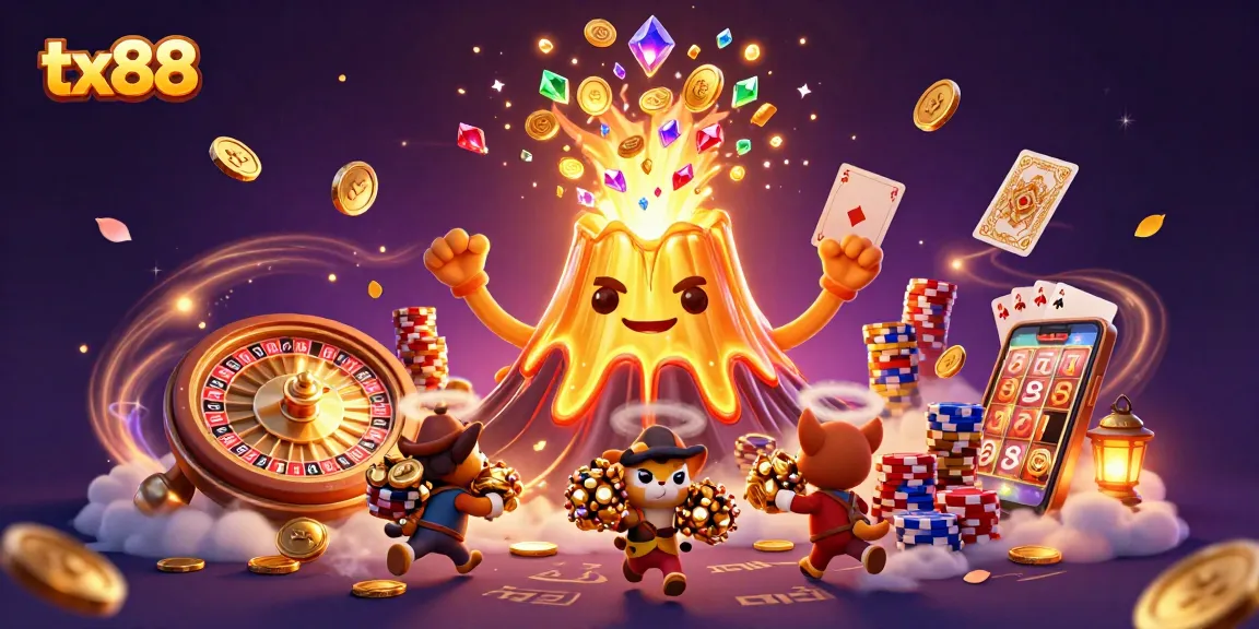 Win big with tx88 at a vibrant casino scene featuring gold coins, cards, and a spinning roulette wheel.
