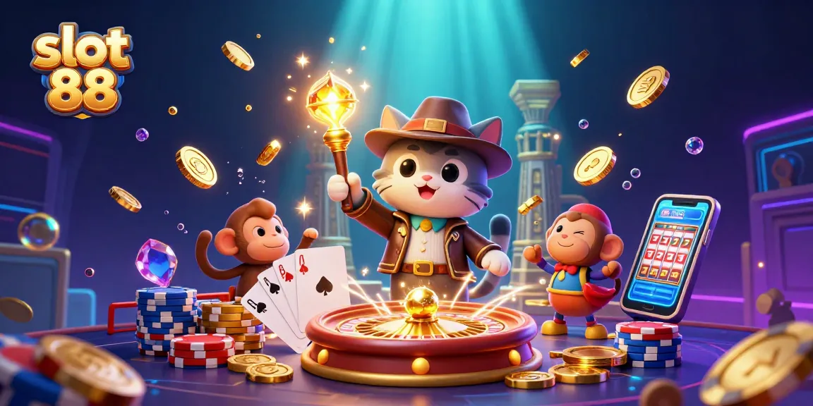 Engage with the slot 88 experience featuring an adventurous kitten archaeologist unearthing treasures amid vibrant casino elements.
