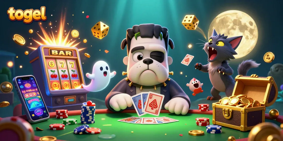 Engage in thrilling togel games with a lively scene featuring a Frankenstein bulldog dealer, vibrant casino elements, and immersive entertainment.
