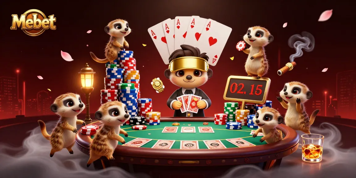Mebet showcases meerkats operating a bustling casino, featuring vibrant poker setups and dynamic gameplay.