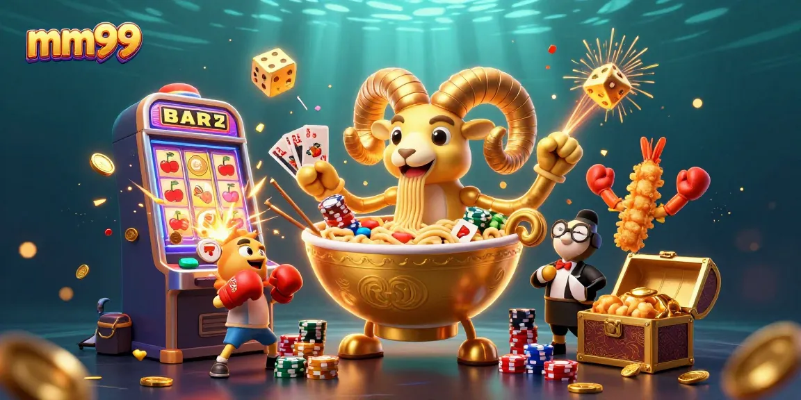 Experience the mm99 excitement with a vibrant 3D casino scene featuring giant ramen bowl characters.