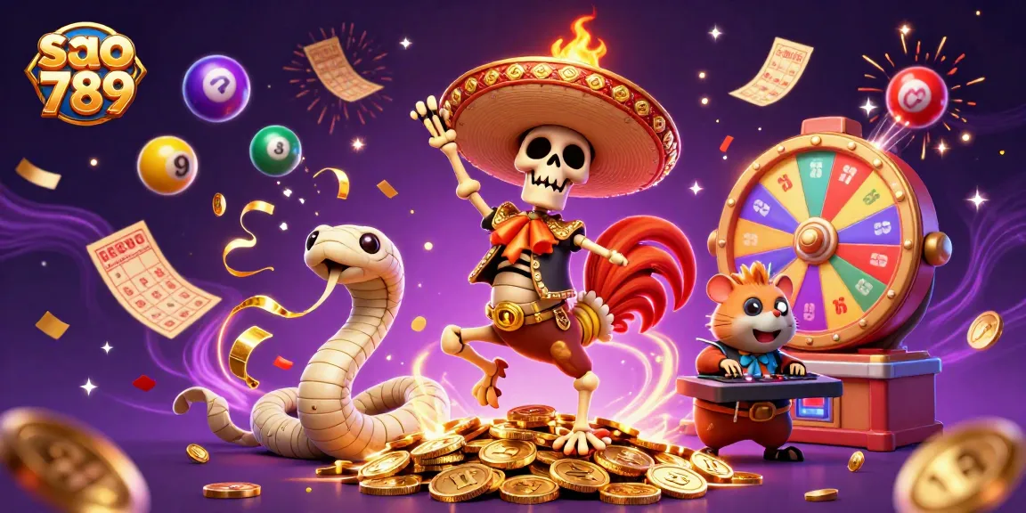 A skeleton mariachi rooster celebrates winning at sao 789, surrounded by colorful casino elements and vibrant prizes.