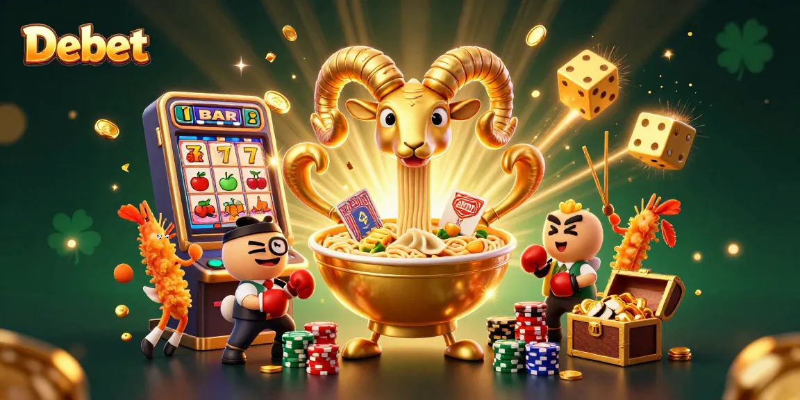 Experience thrilling gaming action with Debet's vibrant casino illustration featuring creative characters.