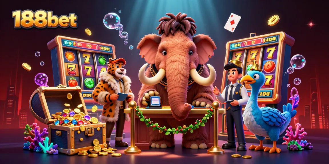 Experience the excitement of 188bet with vibrant slot reels and colorful characters in a dynamic casino scene.