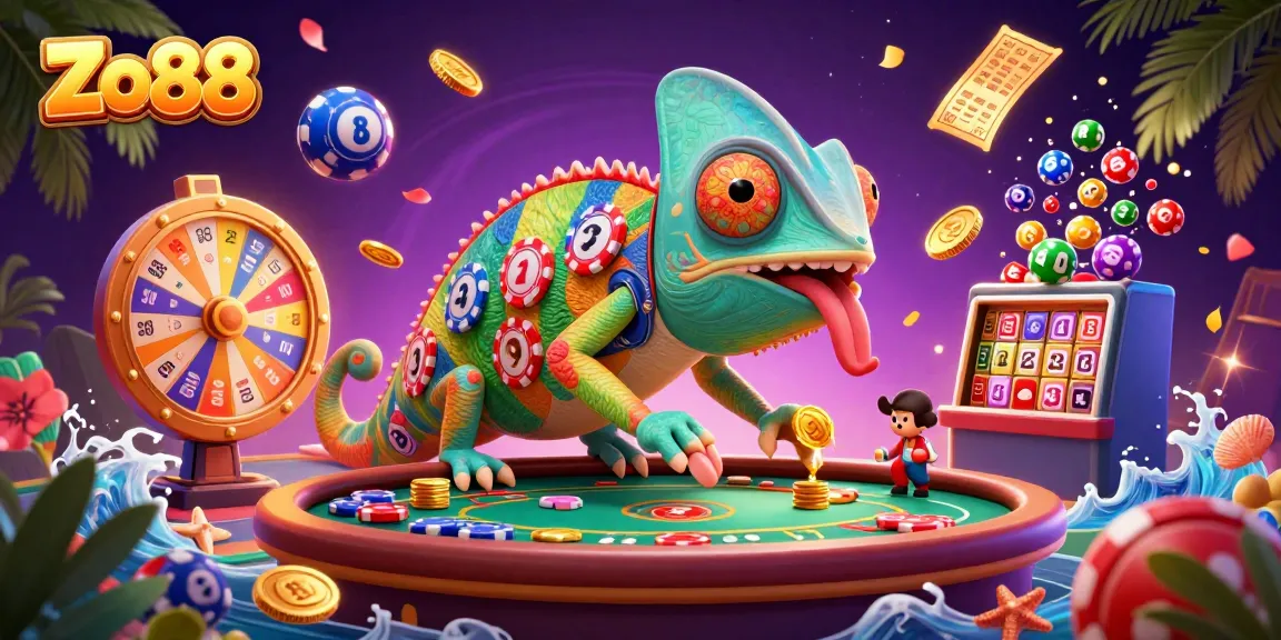 Experience the exciting world of Zo88 with a vibrant chameleon casino owner and dynamic lottery elements.