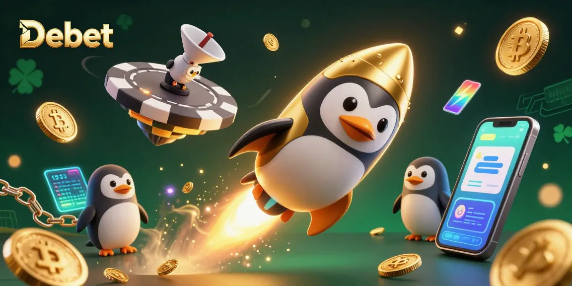 Experience the thrill of Debet with a golden penguin in a vibrant casino space scene, showcasing crypto elements.