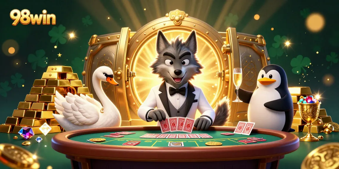 Experience thrilling baccarat action at 98win with a debonair wolf, an elegant swan, and a sophisticated penguin.