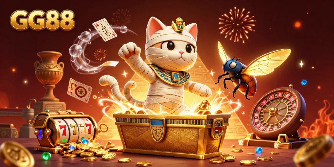 GG88 promotes excitement in a vibrant pyramid casino scene featuring a mummy cat and dynamic gaming action.