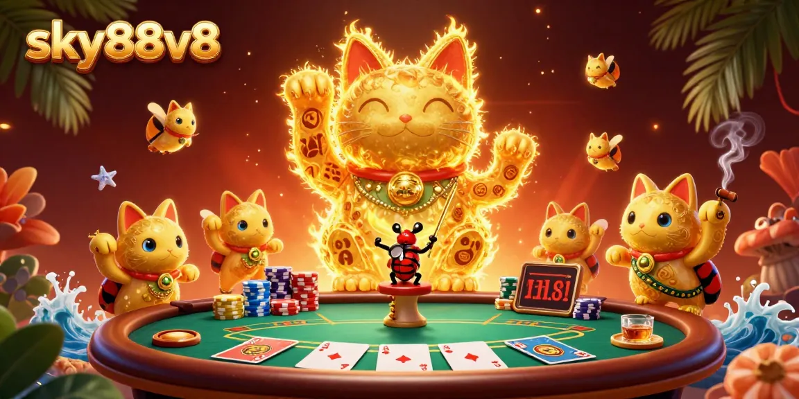 Engage in sky88v8's dynamic casino experience featuring a lucky cat, poker elements, and a vibrant atmosphere.