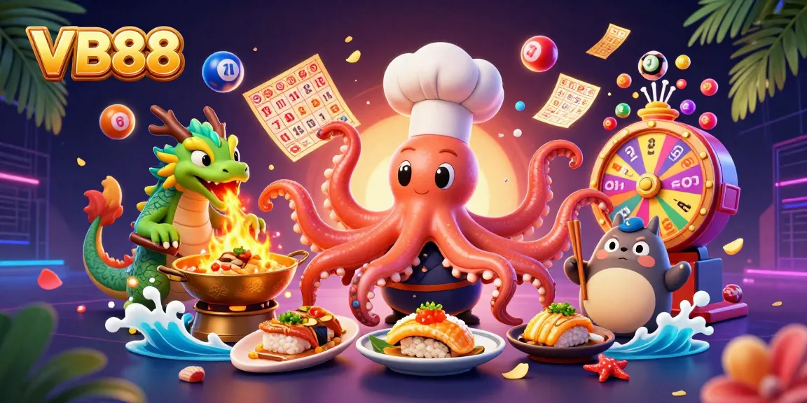 Engage with VB88's vibrant gaming atmosphere featuring colorful lottery elements and dynamic characters.