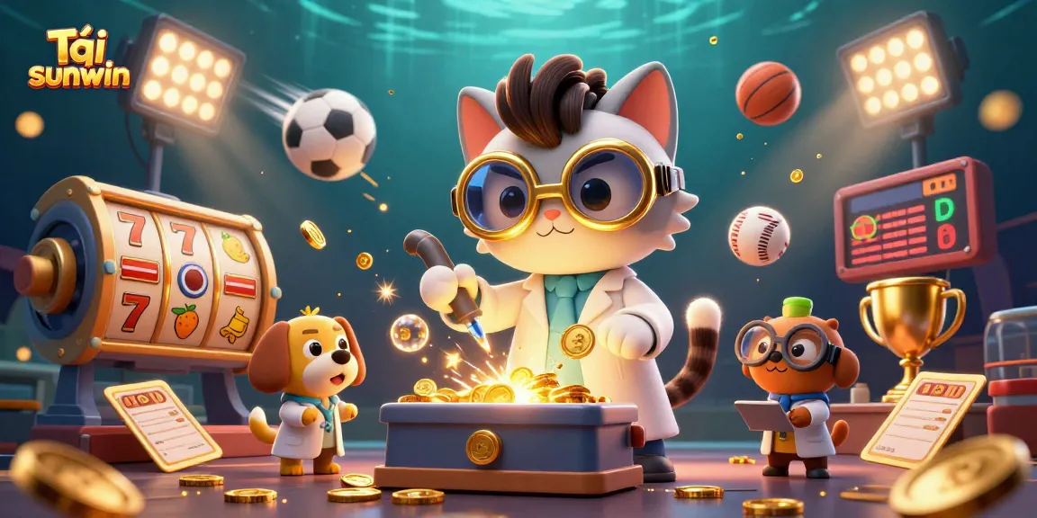 Tải sunwin showcases lively 3D cartoon characters creating thrilling casino games with golden sparkles.