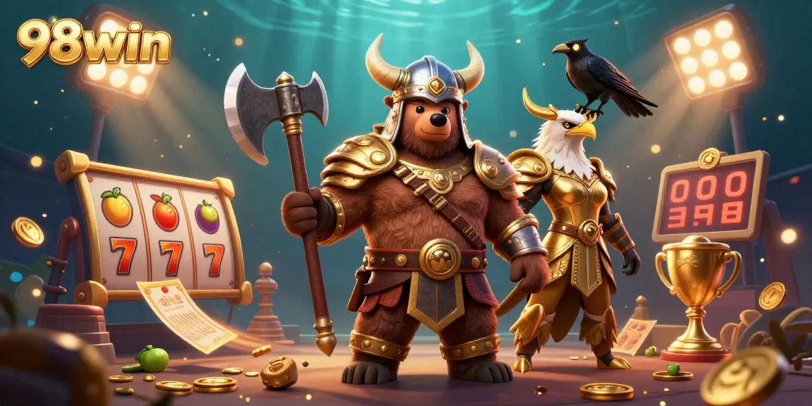 98win features a dynamic 3D illustration with slot elements, showcasing a Viking berserker bear and Valkyrie eagle.