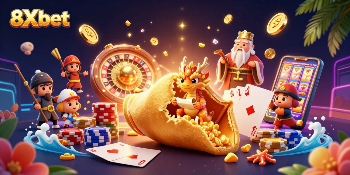 Experience thrilling action with 8Xbet’s vibrant golden casino scene featuring lucky elements.