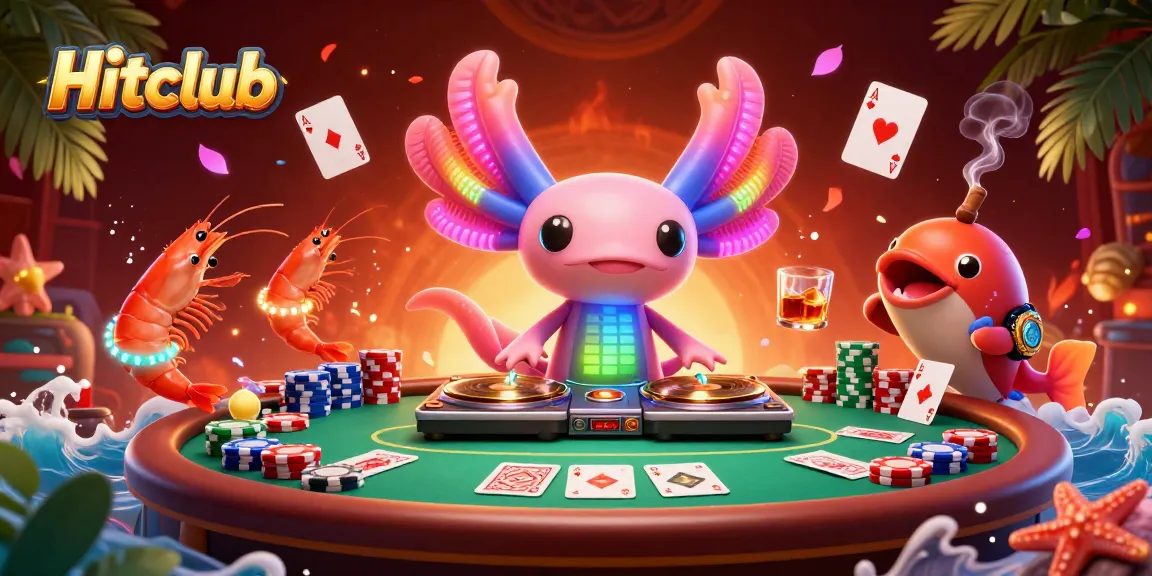 Hitclub features a lively 3D underwater casino scene with an axolotl DJ and vibrant poker actions.
