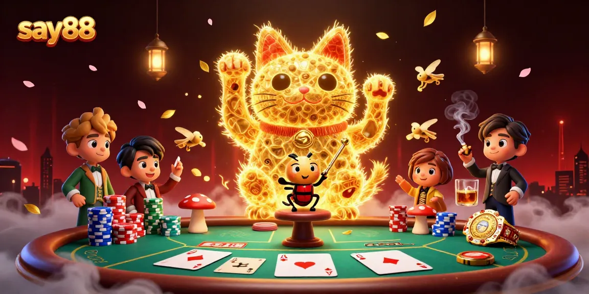 Engage with exciting gaming action at say88 while enjoying a vibrant casino scene filled with massive poker chips and cards.
