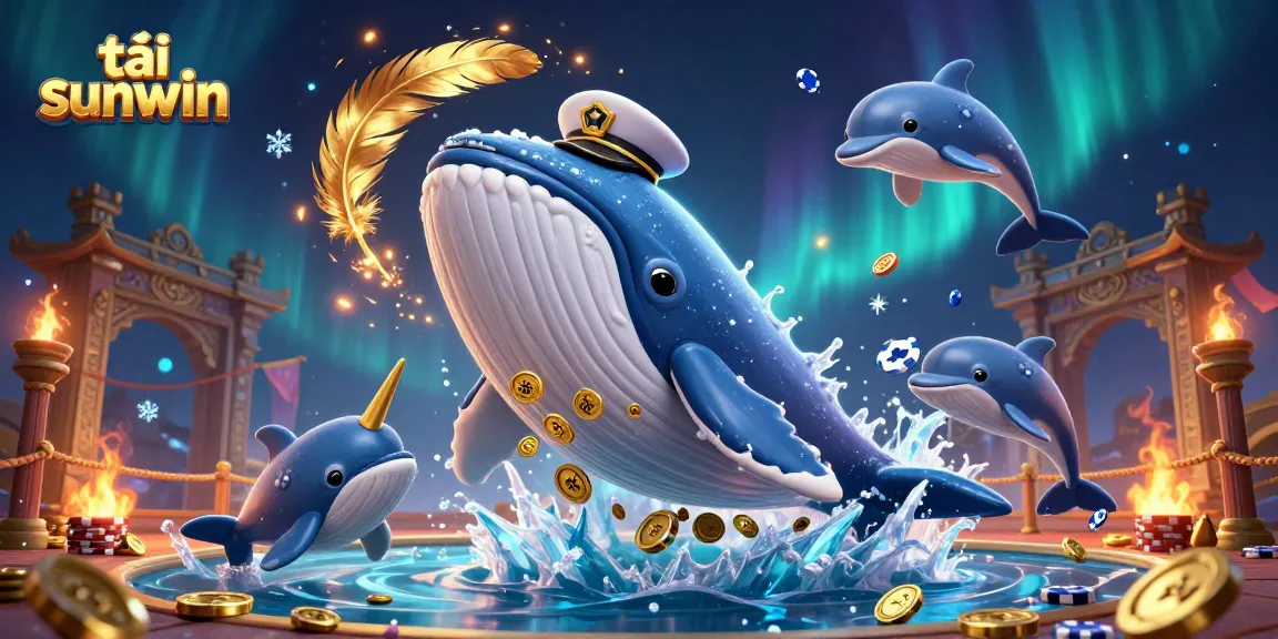 Experience excitement at tải sunwin with a vibrant 3D scene of a whale, narwhal, and dolphins amidst casino delights.