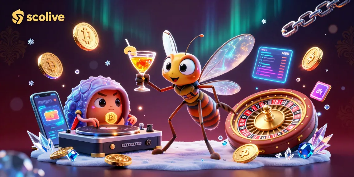 Socolive showcases a lively casino atmosphere with an animated mosquito mascot, trilobite DJ, and golden roulette, capturing the essence of gambling excitement.